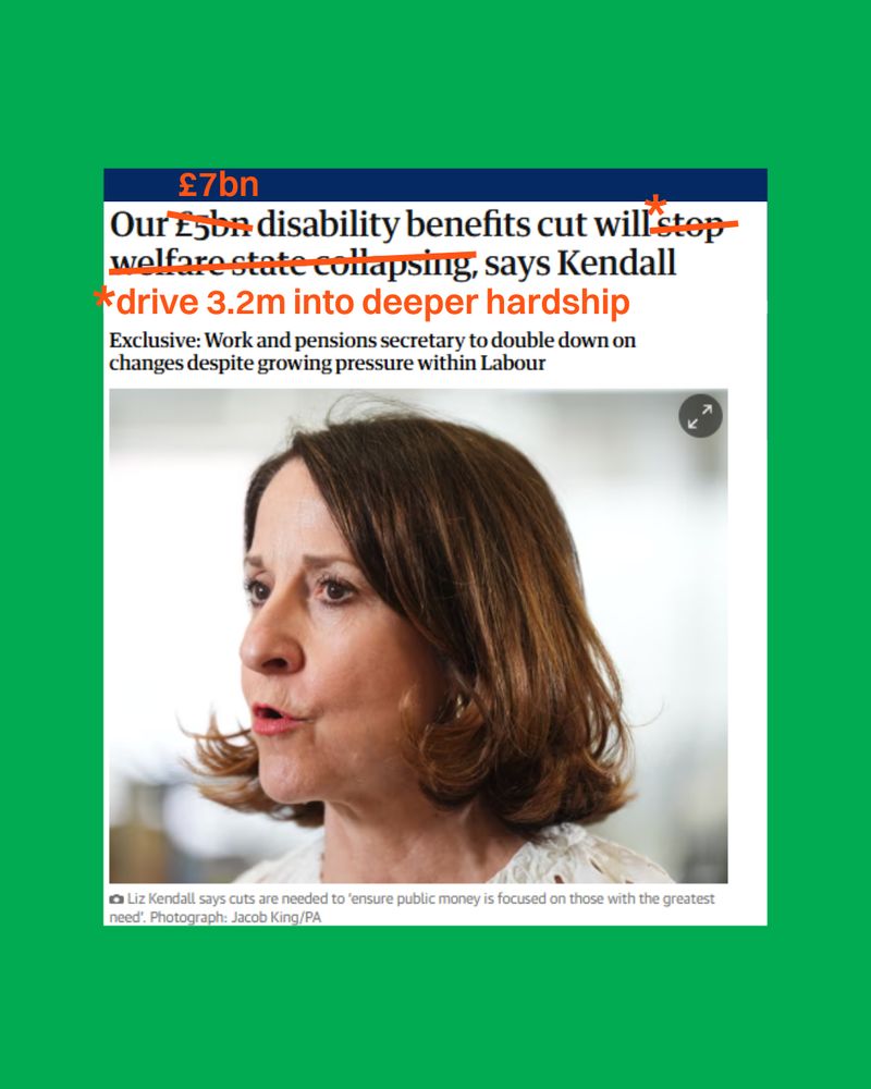 Screenshot of an article in The Guardian that reads: Our £5bn disability benefits cuts will stop welfare state collapsing, says Kendall. Red lines are on top of the text to cross bits out and the amends now read: Our £7bn disability benefits cut will drive 3.2m into deeper hardship.
