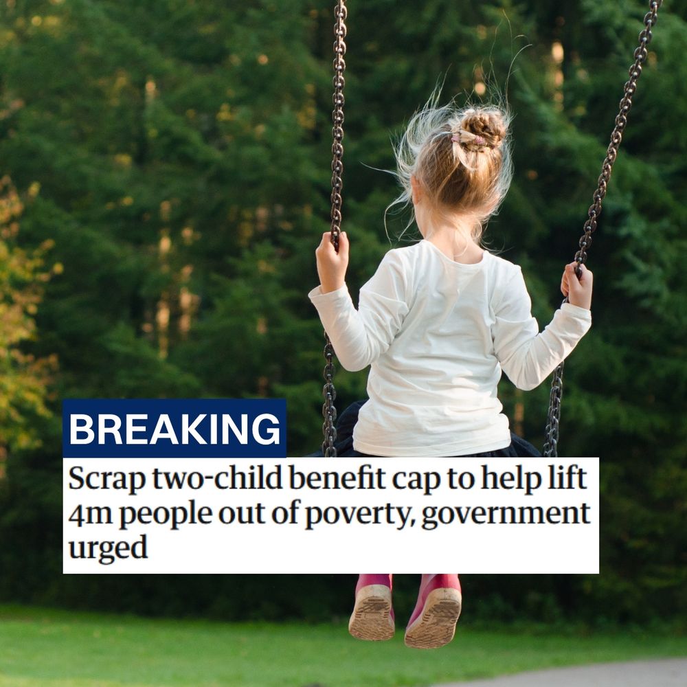 A young girl is on a park swing, a forest is visible in the distance. A news headline is on top: Breaking: Scrap two-child benefit cap to help lift 4m people out of poverty, government urged.