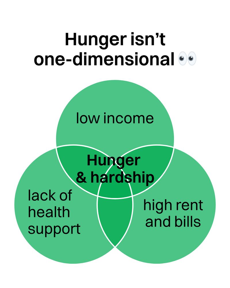 A graphic of a Venn diagram. The top circle reads: 'low income', the circle on the right reads 'high rent and bills' and the third circle reads 'lack of health support'. The text in the middle reads 'hunger and hardship'. Text at the top of the graphic reads 'Hunger isn't one-dimensional'