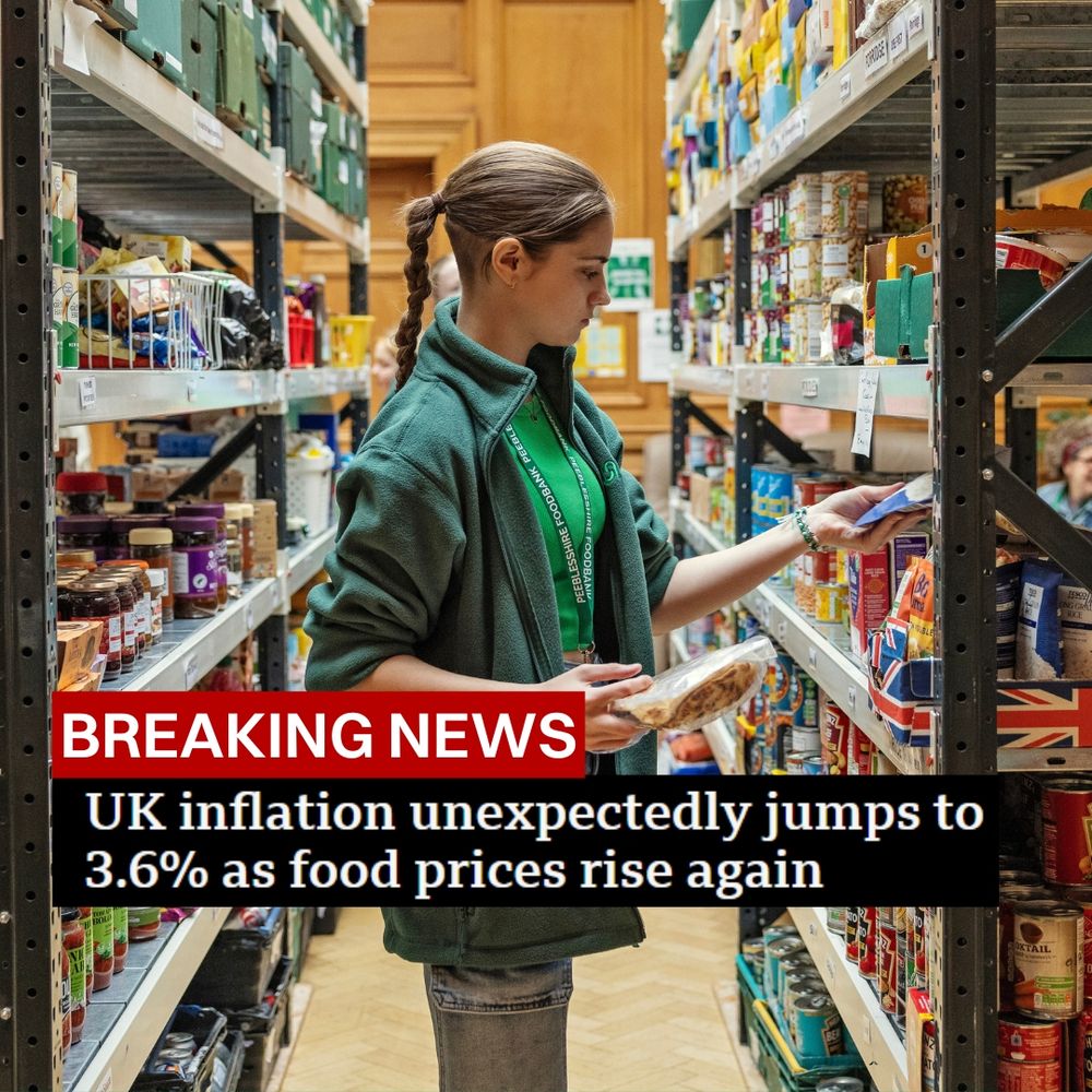 A young, white woman in a food bank warehouse puts food on a shelf. Text is on top that reads: 'Breaking news' with a headline from BBC news: 'UK inflation unexpectedly jumps to 3.6% as food prices rise again'.