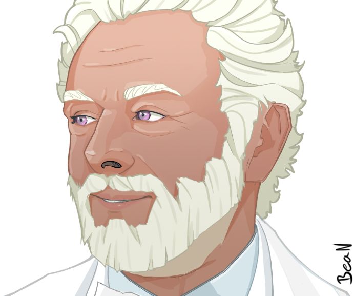 A digital painting or illustration of Archangel aziraphale from Good Omens giving Crowley love eyes. Michael Sheen and David Tennant play both. Aziraphale has a white bushy beard, purple eyes, slick hair and a white suit.