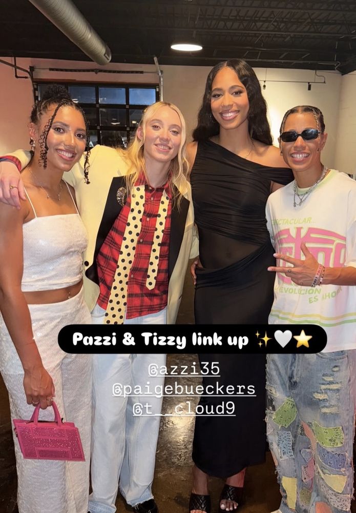 Azzi, Paige, Izzy, and Tash posing together with text:
Pazzi & Tizzy link up
@azzi35
@paige bueckers
@t__cloud9