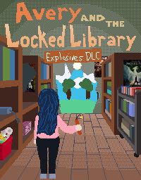 blue haired woman in a library holding a stick of dynamite. The doorway is blown open. The title says "avery and the locked library: explosives DLC"