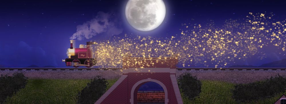 A sprite scene featuring Lady the Magical engine travelling in the night, looking back smiling optimistically as gold dust trails behind her.