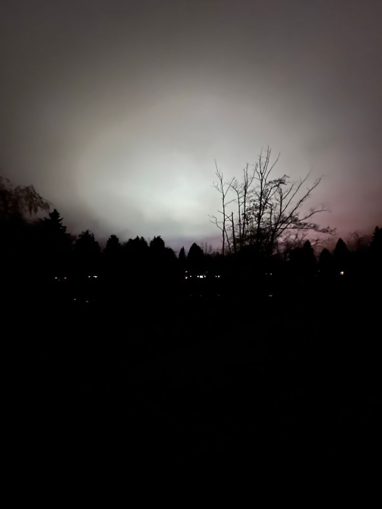 Cloudy with green Aurora behind it. Over a pond ringed by trees. 