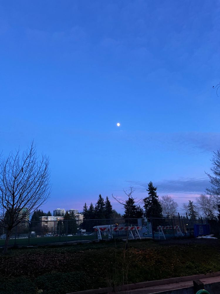 Moon over soccer field at dusk. Blue sky with wispy grey clouds and pink near bottom. 