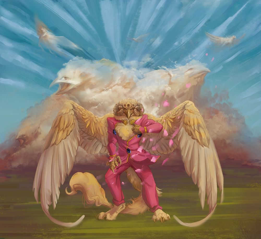 A image of an anthro gryphon version of Zeriam, Golden Wind from Magic the Gathering dressed as Giorno Giovanna from JoJo's Bizzare Adventure, with the background of a cloud bursting with phantasmal gryphons.