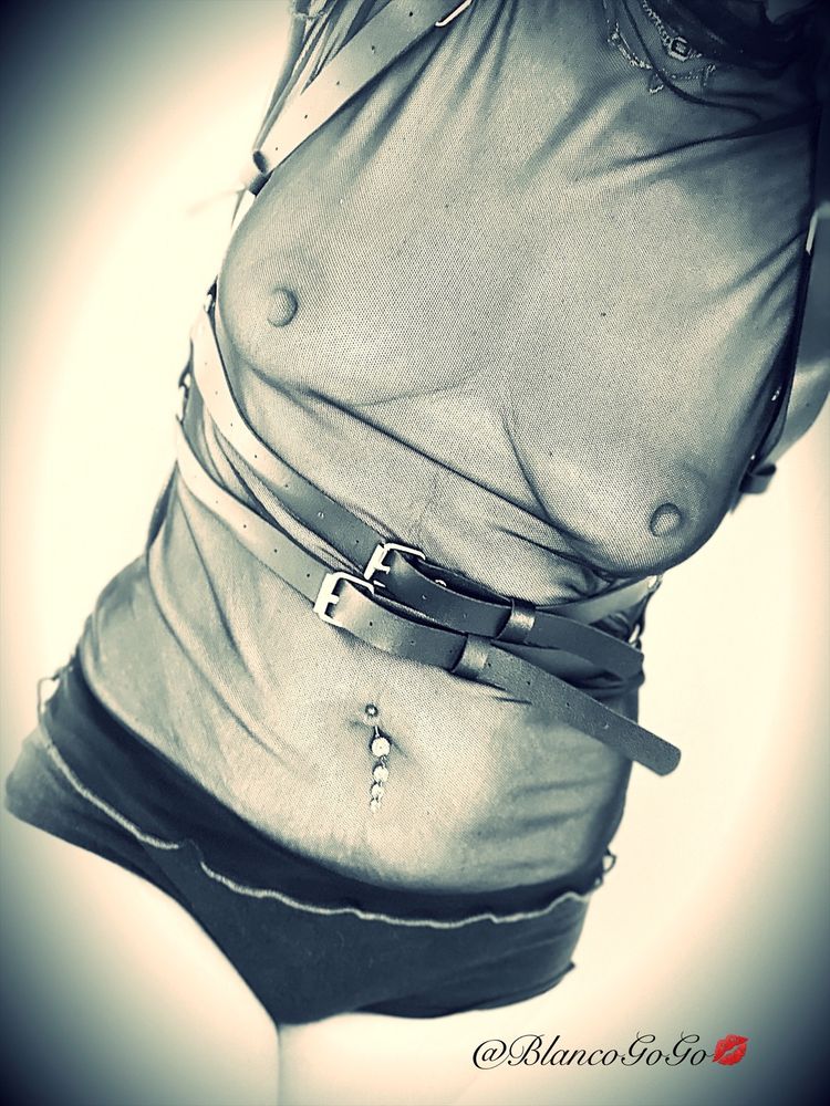 Black and white picture of me, wearing a totally sheer top, black knickers, and a leather harness that comes over my shoulders framing my breasts, then fastens with double straps buckled at my waist. My nipples are awesome.