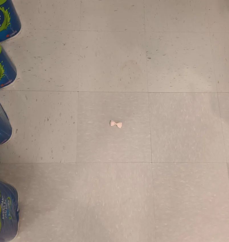 A tiny pink ribbon bow on linoleum tile. Cropped packages of paper towels can be seen on the left hand side.