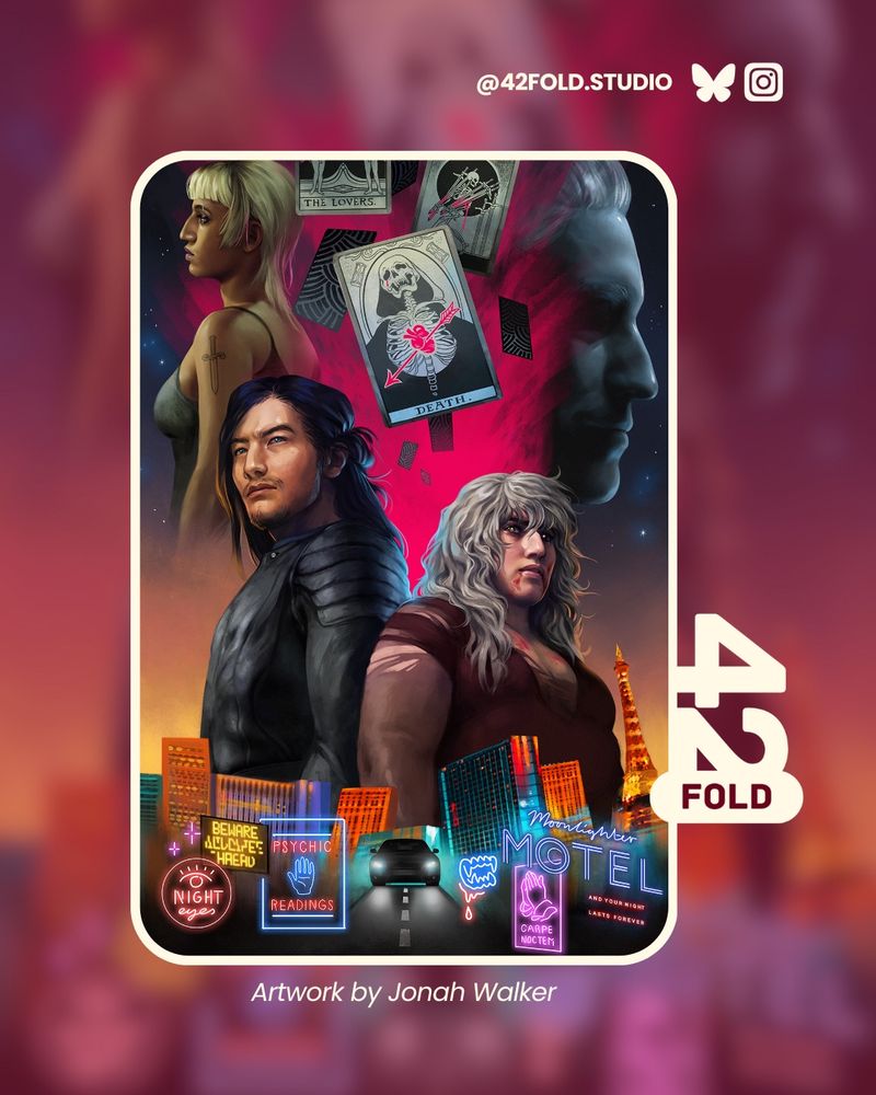 Artwork by Jonah Walker poster-style of a neon city with characters and tarots cards over it looking over the horizon