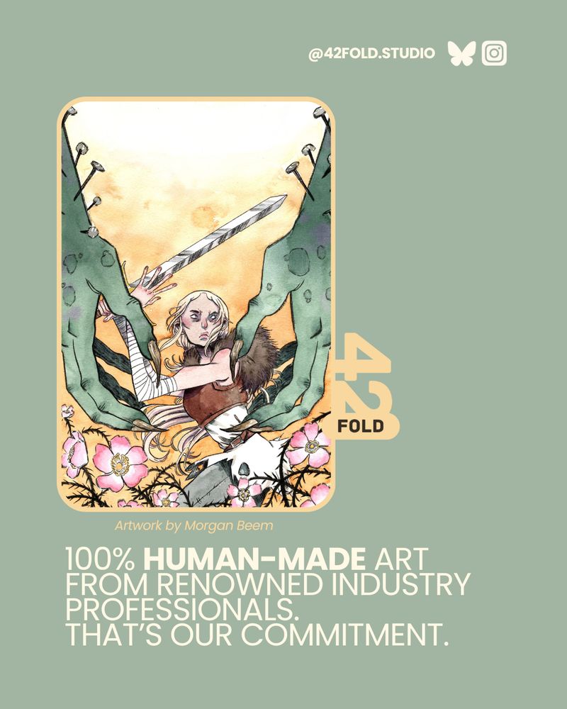 100% human-made art from renowned industry professionals. That's our commitment.
@42fold.studio on Instagram and Bluesky
Artwork by Morgan Beam depicting a blonde woman holding a sword to defend herself. Giant green hands with long nails is at the forefront with some flowers and thorns. 