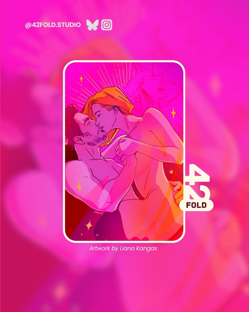 Spicy artwork by Liana Kangas of a man and a woman kissing while having sex