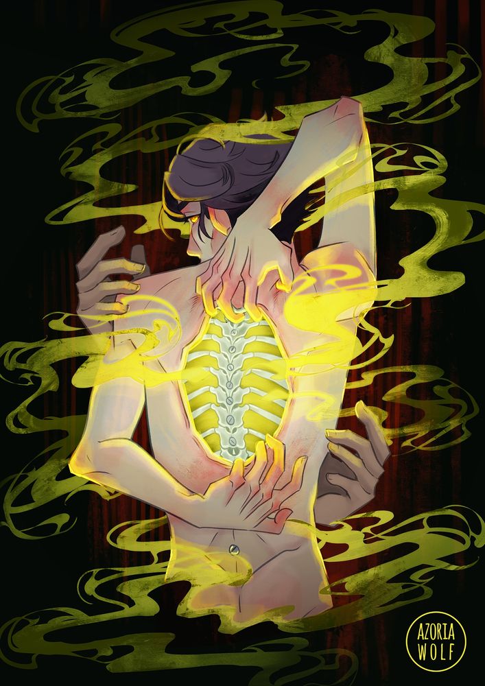 Viktor from arcane is ckutching his skin on his back, stretching it, it open to an hole in his back that show his spine and bones, and the screw in his spine. From this hole, Grey ( a green fog) , is escaping from it.