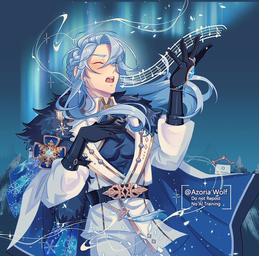 Edmond from the game Nu:Carnival in his skin tranquil cloud. He is singing with northern lights in the background