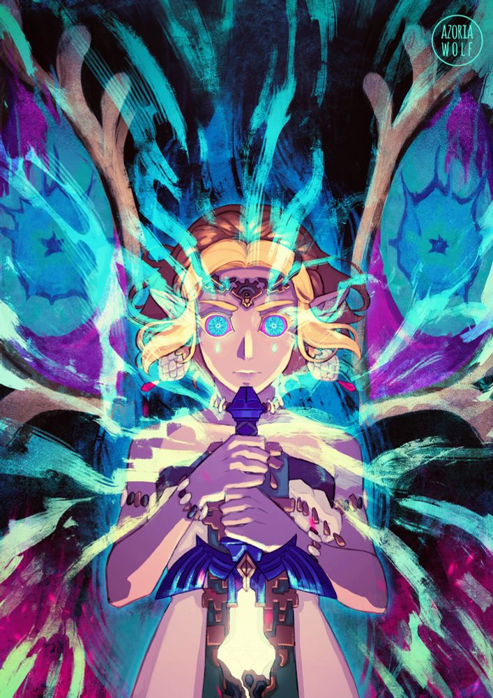 Zelda from the game tear of the kingdom. She is holding the master sword in both of her hand, a great power is coming from her core with green and blue flames. her eyes are wide open but not human anymore, they look like the eyes of a dragon. Two big dragon eyes are in the back.