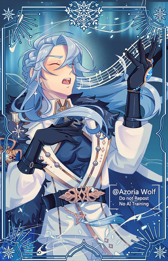 Edmond from the game Nu:Carnival in his skin tranquil cloud. He is singing with northern lights in the background