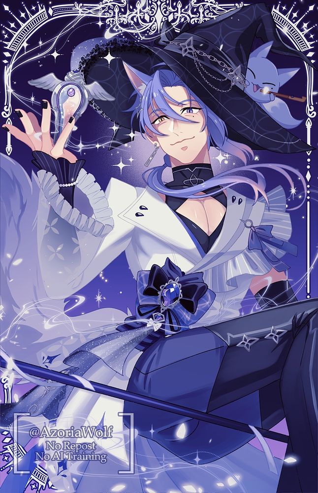Kuya from the mobile gatcha game : Nu carnival. It's his magical girl SSR skin : mightnight améthist. He look like a purple witch, sitting on his broom.
