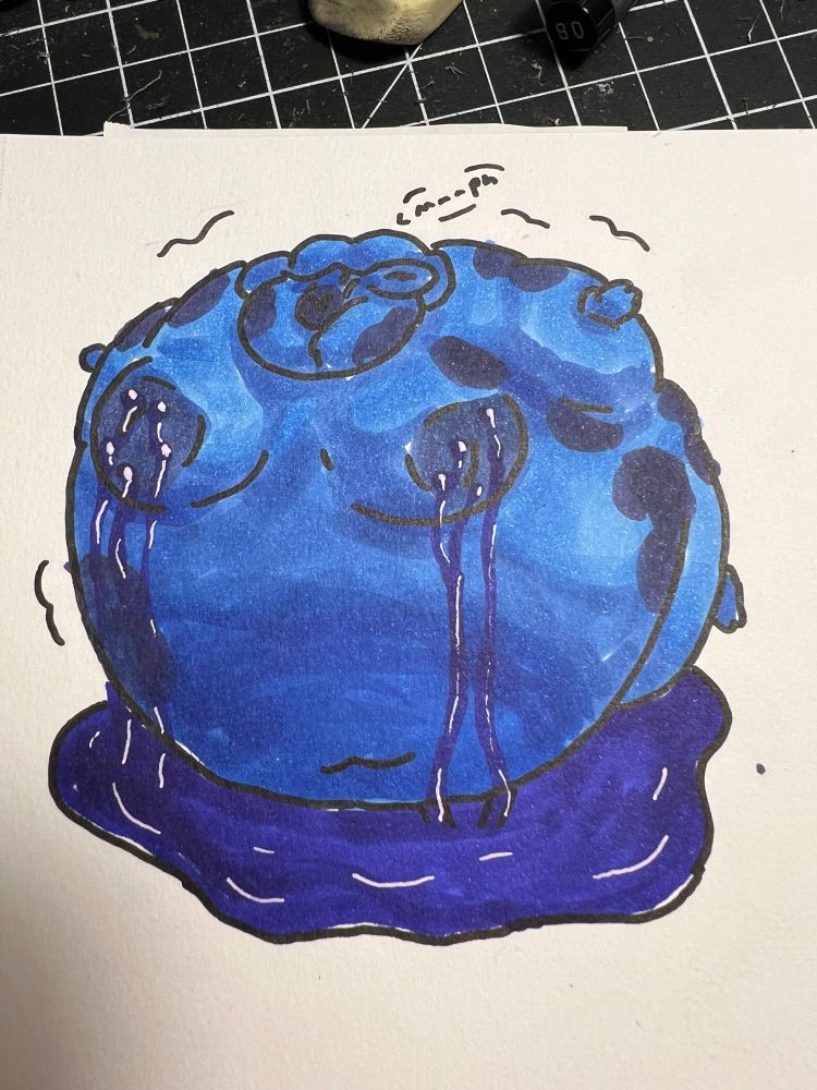 A very round and bloated anthropomorphic bunny full of blueberry juice, juice leaks from her nipples and she wiggles a little