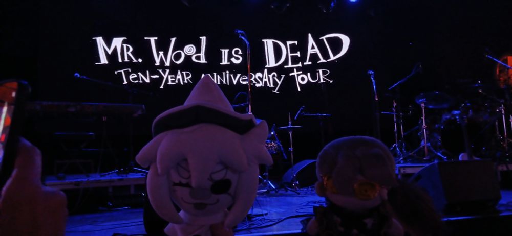 The Narrator with Siffrin from In Stars And Time. They are in front of the stage. Behind them, the stage has a screen saying "Mr. Wood Is Dead. Ten-Year Anniversary Tour."