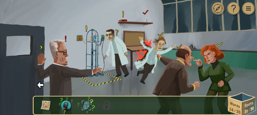 Screenshot of the game "The Rise of the Golden Idol". A lab assistant is on fire.