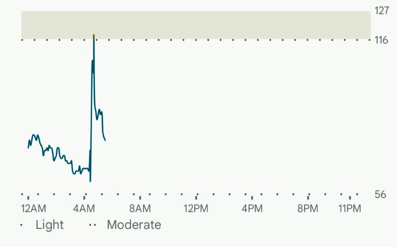 Heart rate graph trending downwards in blissful sleep until it shoots straight up into 116 BPM before coming back down
