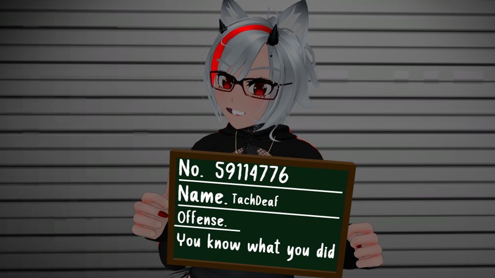 Funny picture of me in VRChat hold a police sign. it was write "You know what you did"