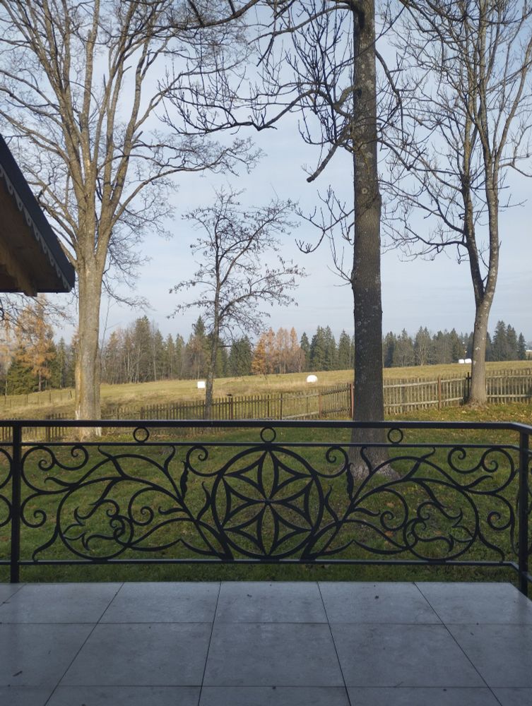 A view from a patio with an ornate balustrade, green fields behind, autumnal trees in the background, hazy sunshine. Spot the cat for bonus points 