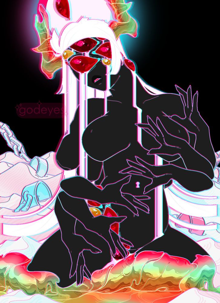 a female character with ashen skin, golden horns, large eyes winding across her body, and multiple detached arms sits in a desolate white desert; the sky is pitch-black save for a moon; the piece has a glitchy + pink-aqua 3D effect