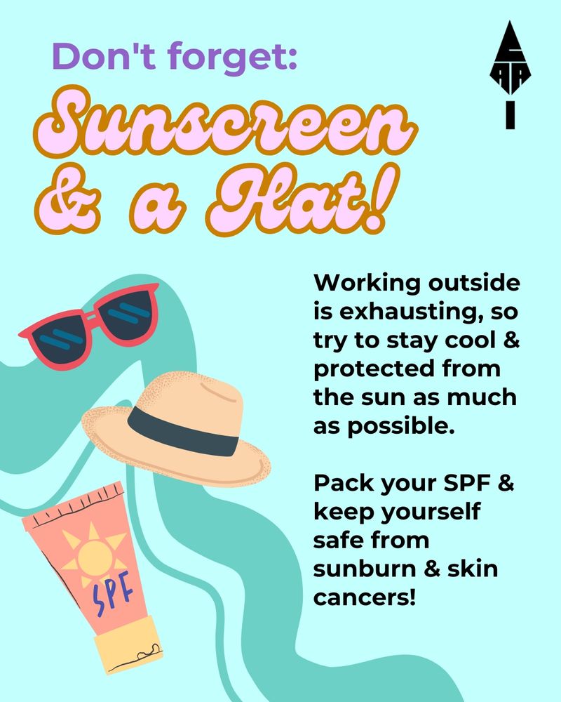 A teal background with text reads "don't forget Sunscreen and a hat!', over little images of sun glasses, a sun hat, and SPF' 