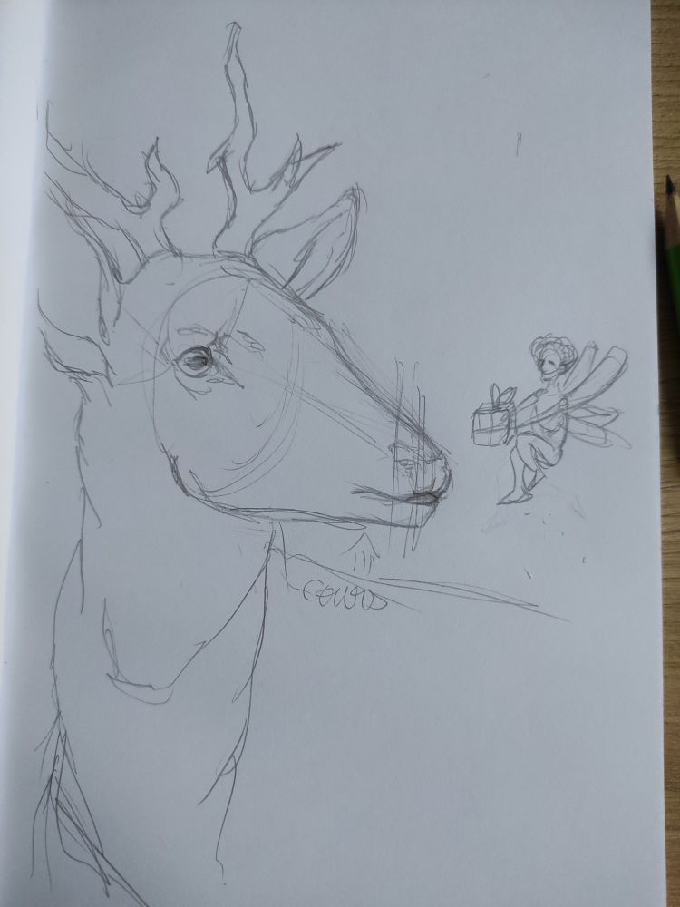 Raw scetch of a reindeer getting a Christmas present from a fairy