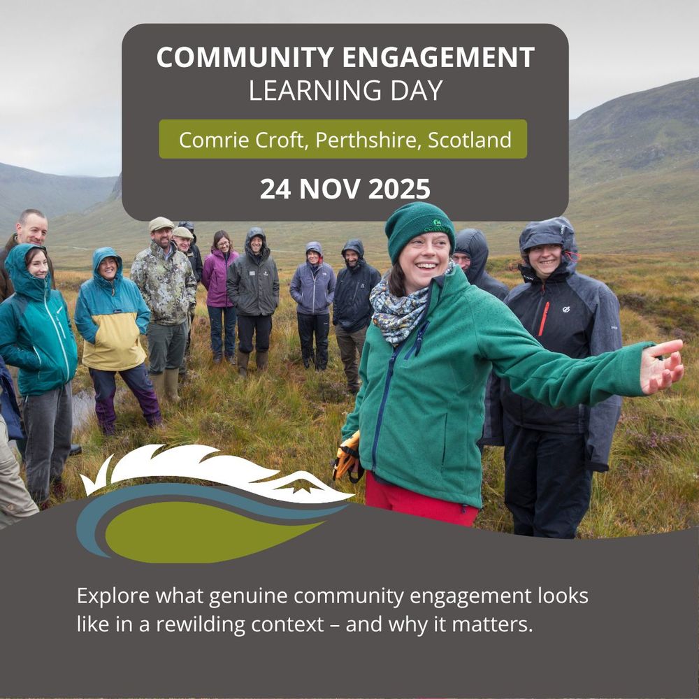 Group of people wearing outdoor clothing gathered in a peatland landscape and guided by a smiling woman in a green jacket, who is gesturing at the landscape. Text overlay: "Community Engagement Learning Day, Comrie Croft, Perthshire, Scotland, 24 Nov 2025." Below, "Explore what genuine community engagement looks like in a rewilding context – and why it matters."
