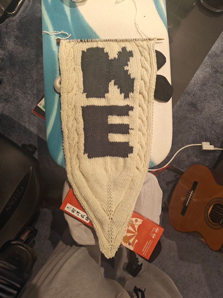knitted banner with the letters "K" then "E"