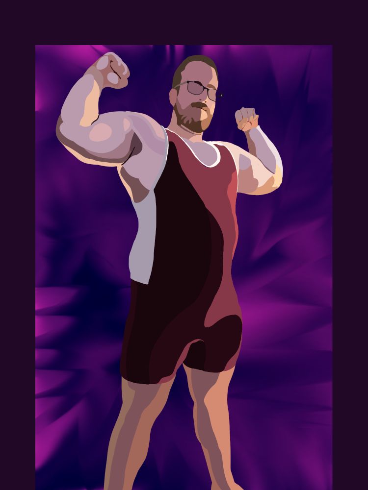 A drawing of a man wearing a burgundy singlet, flexing to the camera