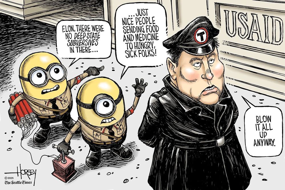 Cartoon mit Musk als SA-Gruppenführer und 2 Minions, die für ihn die Drecksarbeit machen.