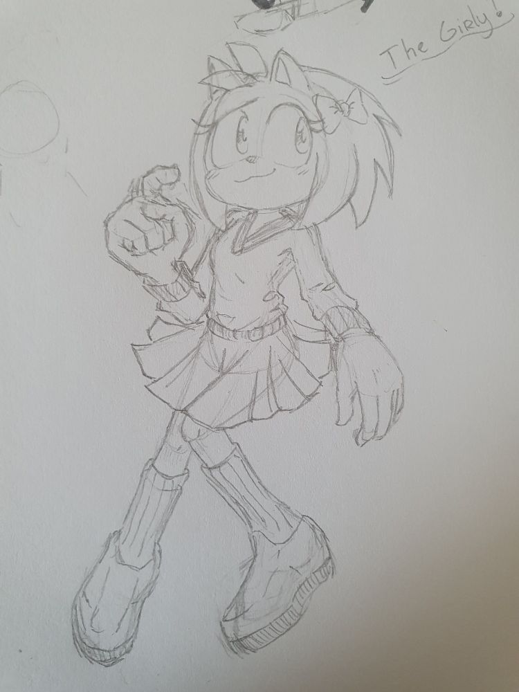 A pencil drawing of amy rose wearing a bow, a comfy shirt, a skirt and some low shoes with long socks.