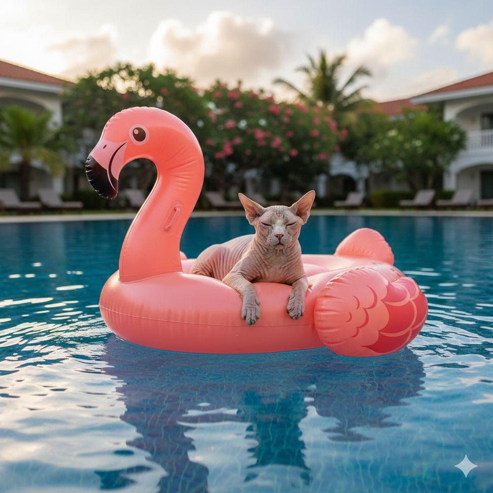 תמונת ללמ של חתולץ ספניקס עצומה, על פלמינגו מתנפח באמצע בריכה 