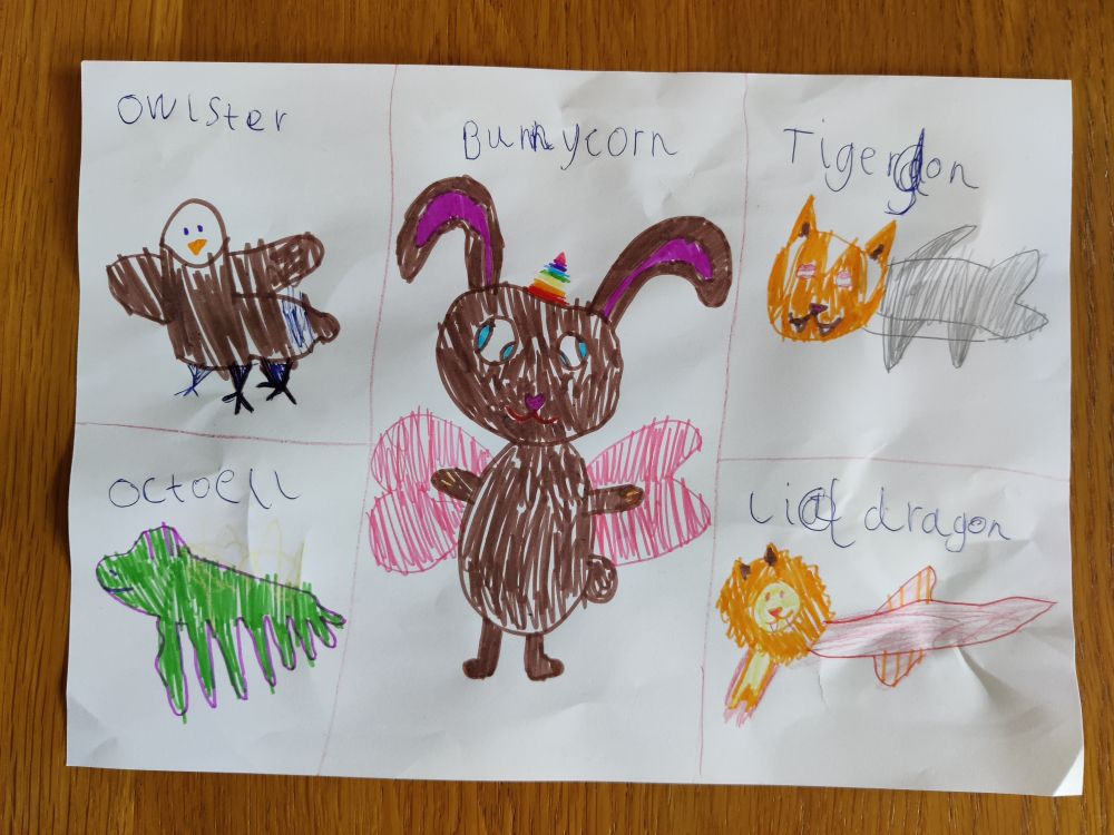 Hand-drawn and labeled depictions of an owster, bunnycorn, tigerdon, octeel, and liodragon