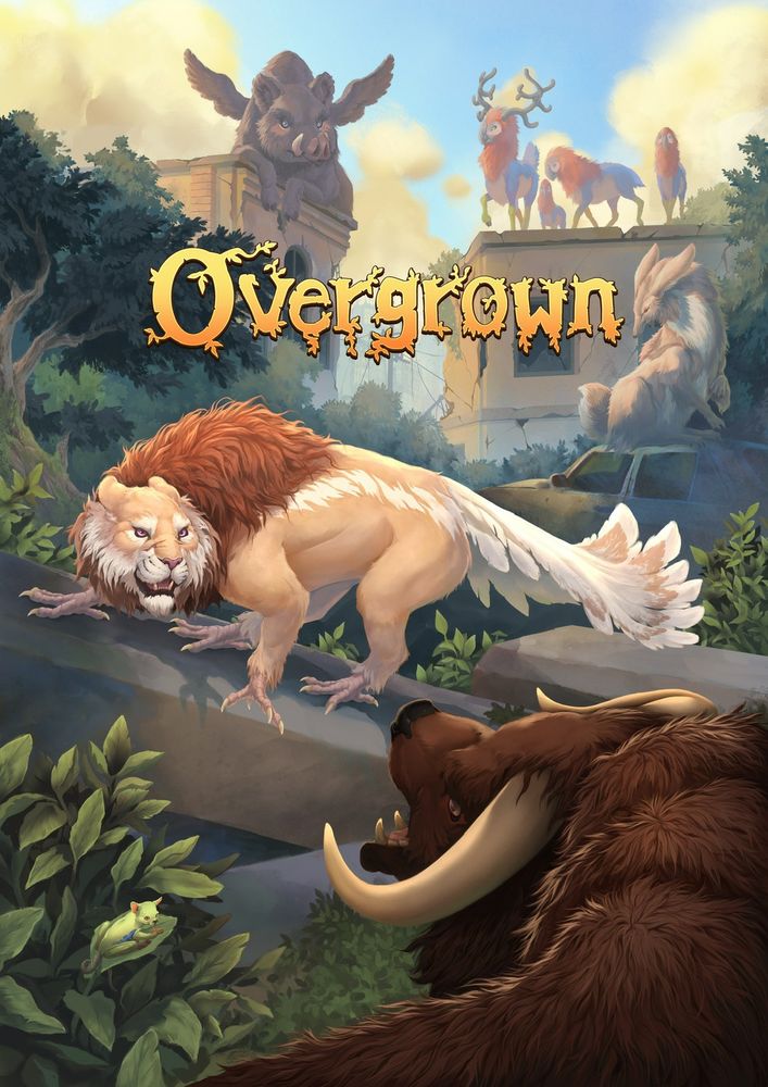 The new front cover of the Overgrown TTRPG book, art by Valentina Sarin. Features hybrid animals in a broken overgrown urban area: lion-chicken, goat-bear, pig-dove, 3 parrot-deer and a kangaroo-bunny.