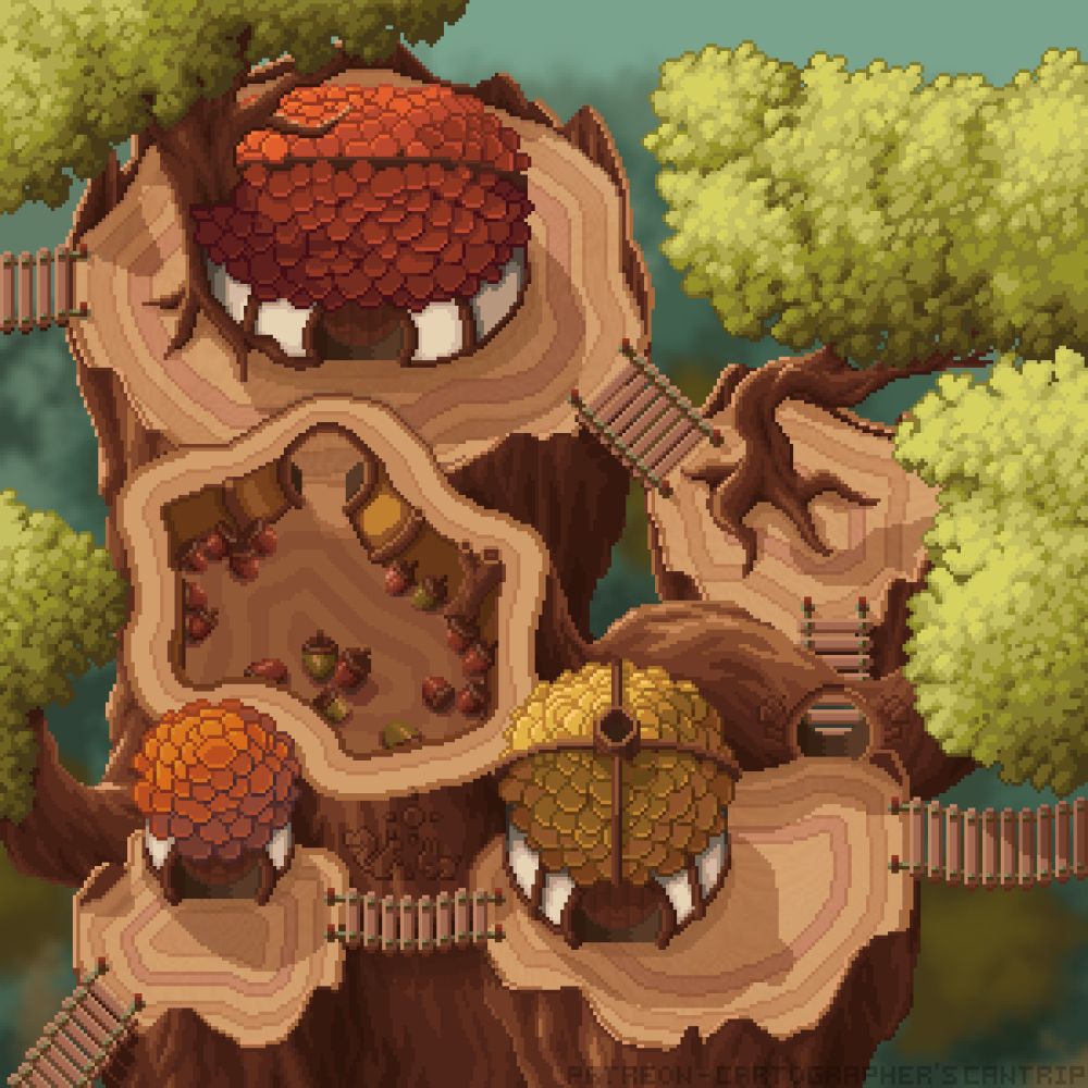 A pixel-art top down view of a treetop squirrel village with 3 huts on platforms connected by rickety wooden bridges and a central acorn store