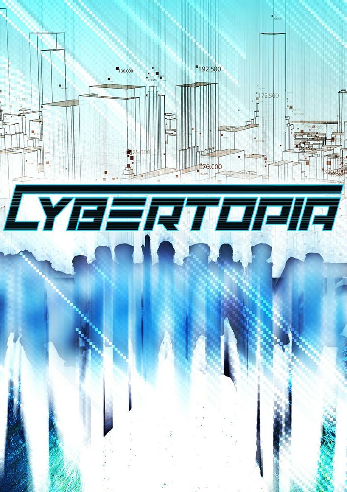 The Cybertopia rulebook cover art: a silhouetted crowd of people in front of a city skyscape