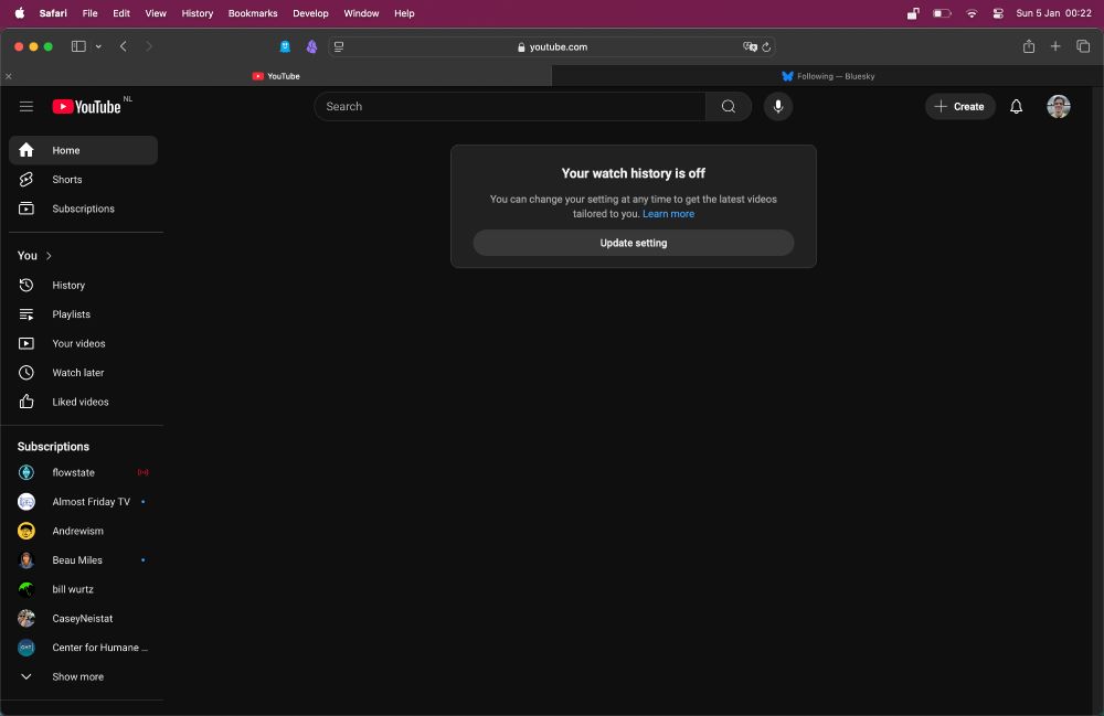 A screenshot of youtube.com. On the homepage, where normally recommended videos appear, a message reads: "Your watch history is off. You can change your setting at any time to get the latest videos tailored to you."