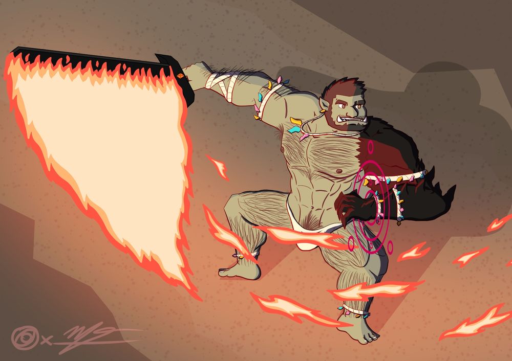 A muscular orc in a loincloth and Ceremonial ropes swinging a fiery sword