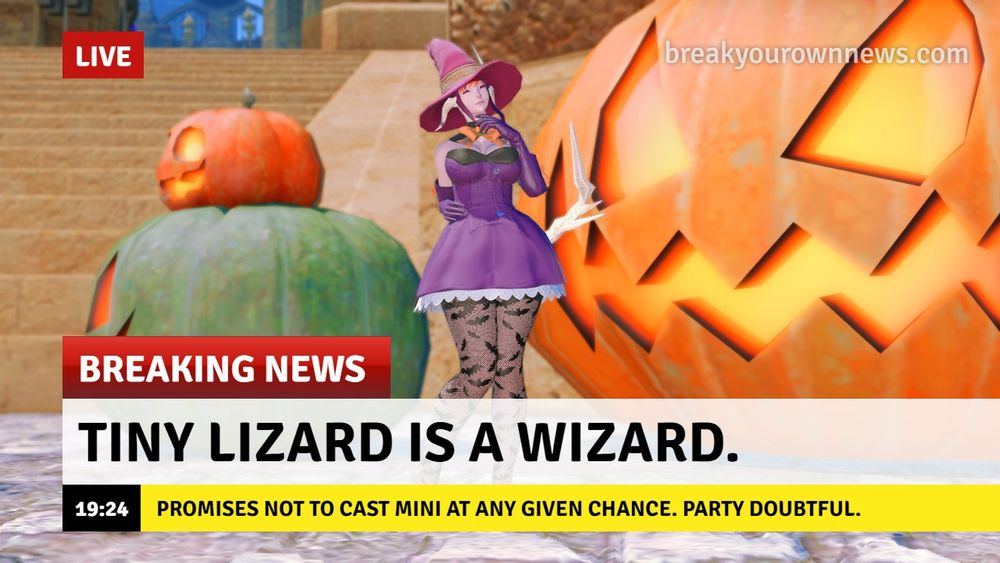 A small Raena in a wizard outfit in front of a pumpkin. An edited news bulletin prompt reads "Tiny Lizard is a Wizard. Promises not to cast Mini at any given chance. Party Doubtful.