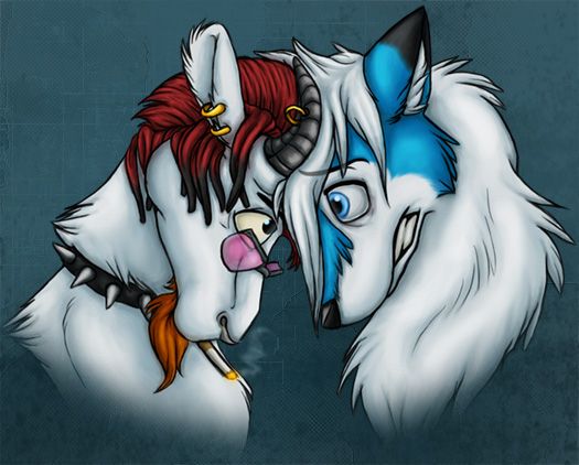 A portrait-style digital art piece of a punk rock goat smoking a cigarette and butting heads with a blue wolf. Done all the way back in 2006.