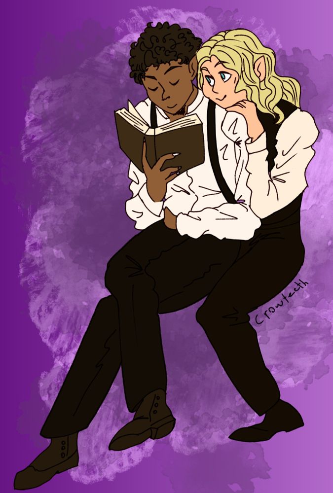 Louis and lestat cuddled together while Louis sits reading a book. lestat is resting his head on Louis shoulder and looking at him lovingly. they're both wearing white button ups, black pants and dress shoes. Louis wears suspenders, lestat wears a black vesf