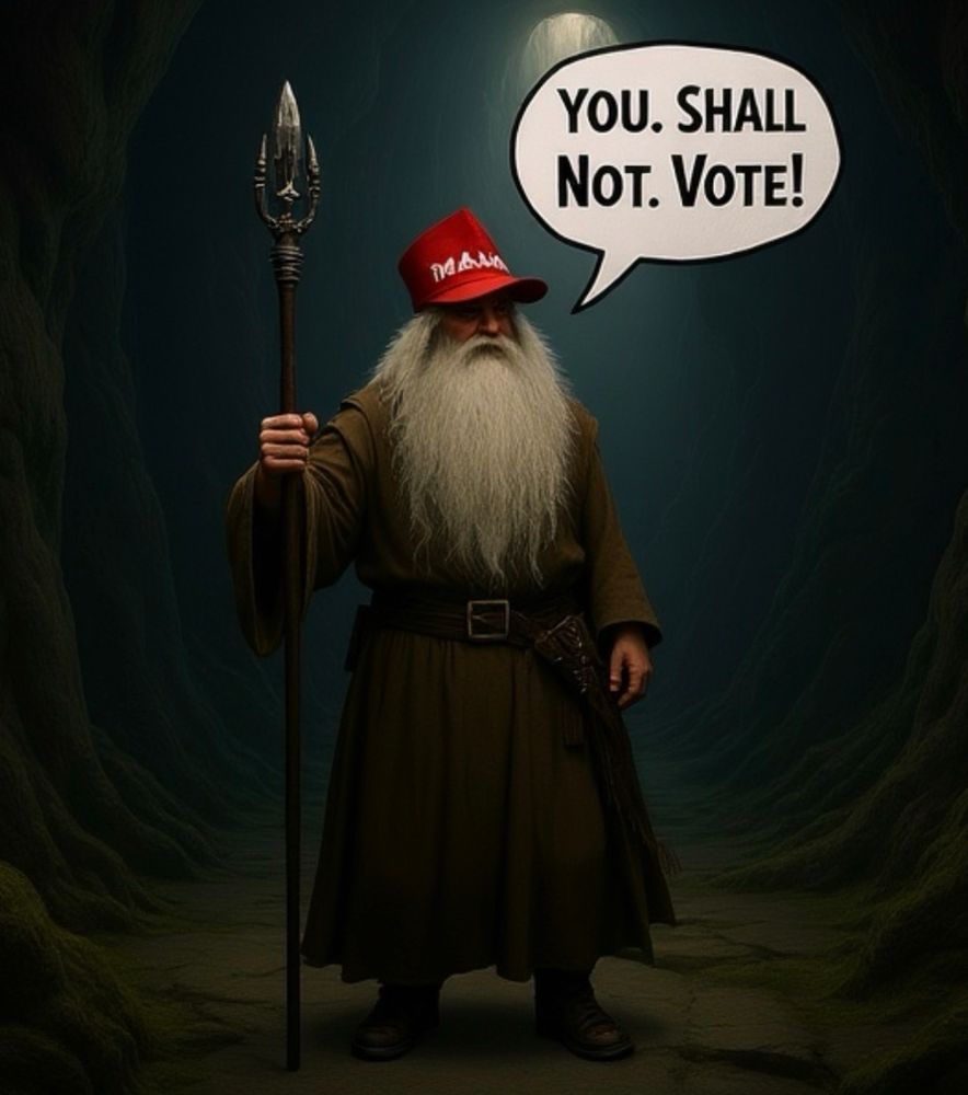 Gandalf in a maga hat saying “you. Shall not. Vote!”