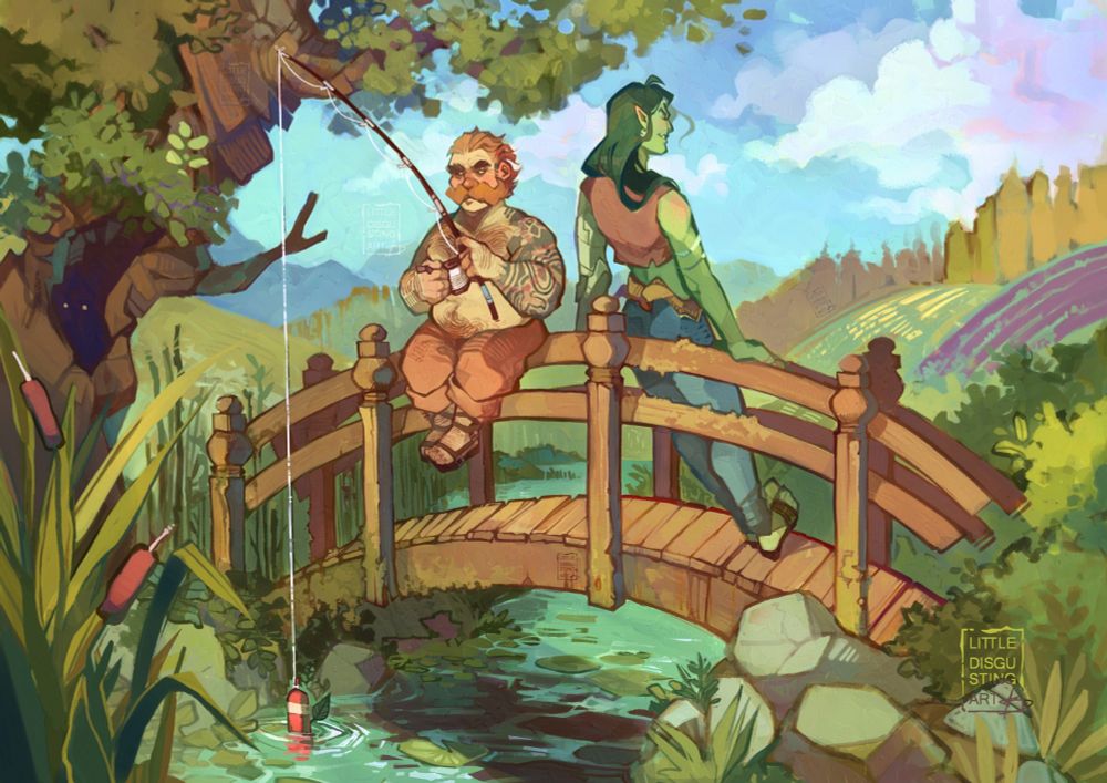 A commissioned illustration of two DnD characters belonging to the clients - Trokar, a redhead, strongly-built dward, and Lughar, a slim, long-haired half-orc. Both of them are pictured on a bridge among nature, with a sunny view over the fields and mountains on further planes. Trokar is fishing on the bank of a bridge, while Lughar stares into the distance and smirks, his back turned to the viewer.