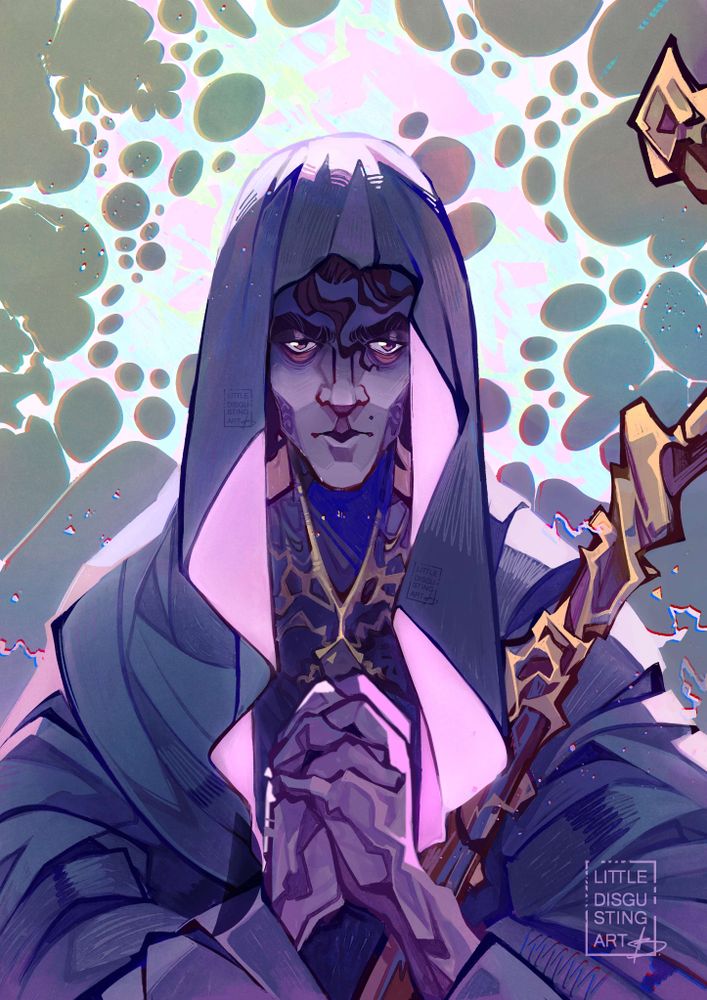 The drawing shows Viktor from the series Arcane, wrapped in a blanket and staring at the viewer with a solemn expression. His hands are folded in a praying gesture. An alternate version of a halo is pictured around his head, made from the glowing pattern of the hexcore.