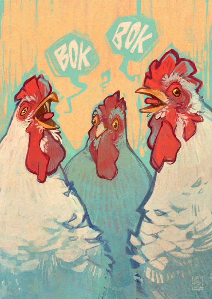Digital drawing of three chickens. Two of them bok loudly at each other, while the middle one stares at them in confusion.