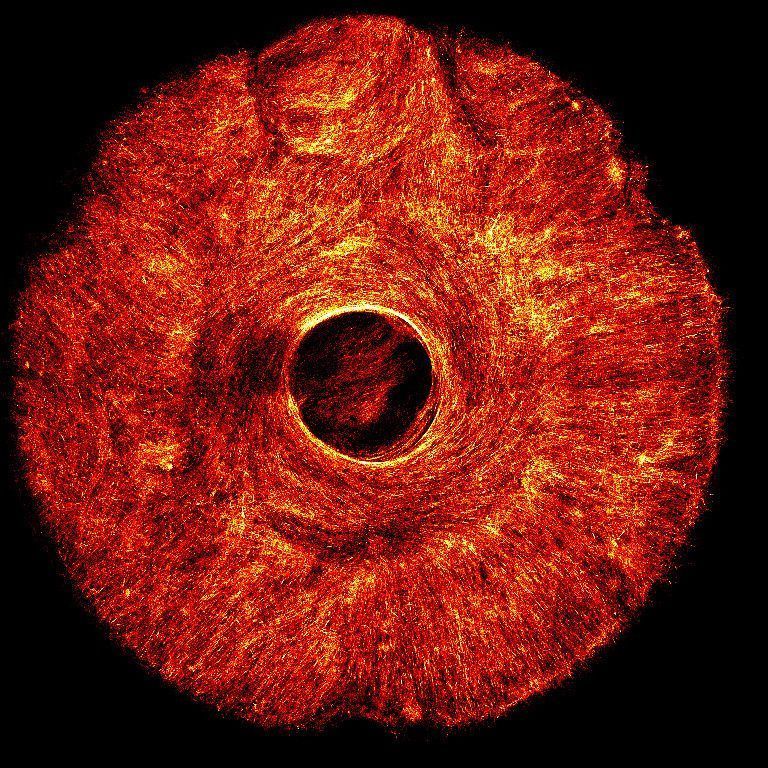 A fiery red circle with a black hold in the center,  Looks like the lord of the rings eye of sauron